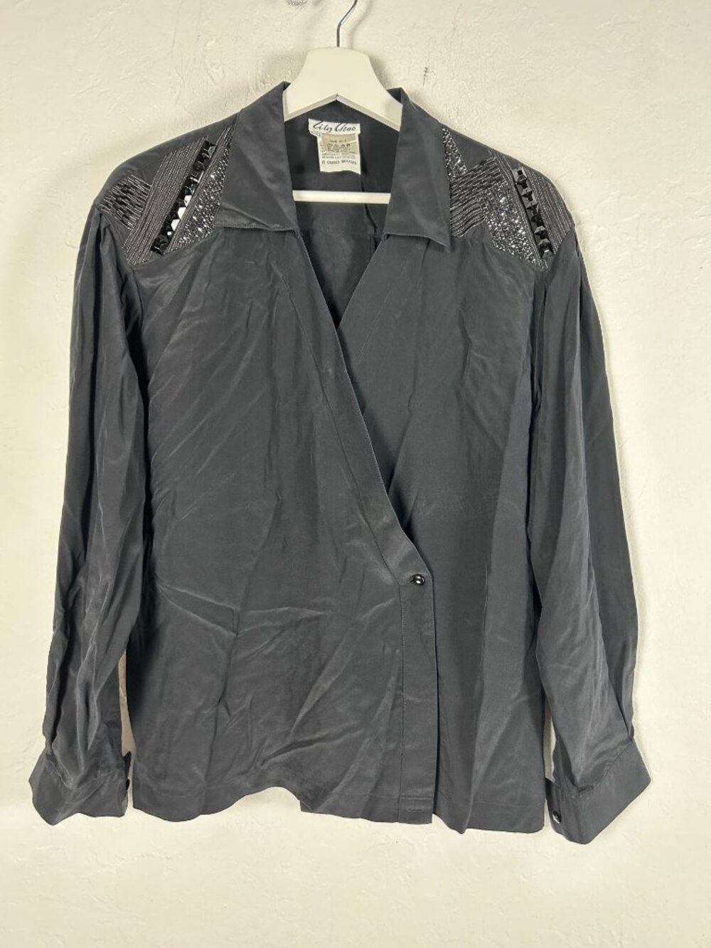 Vintage Lily Chao Womens Black Silk Wrap Blouse Embroidered & Beaded Shoulder
